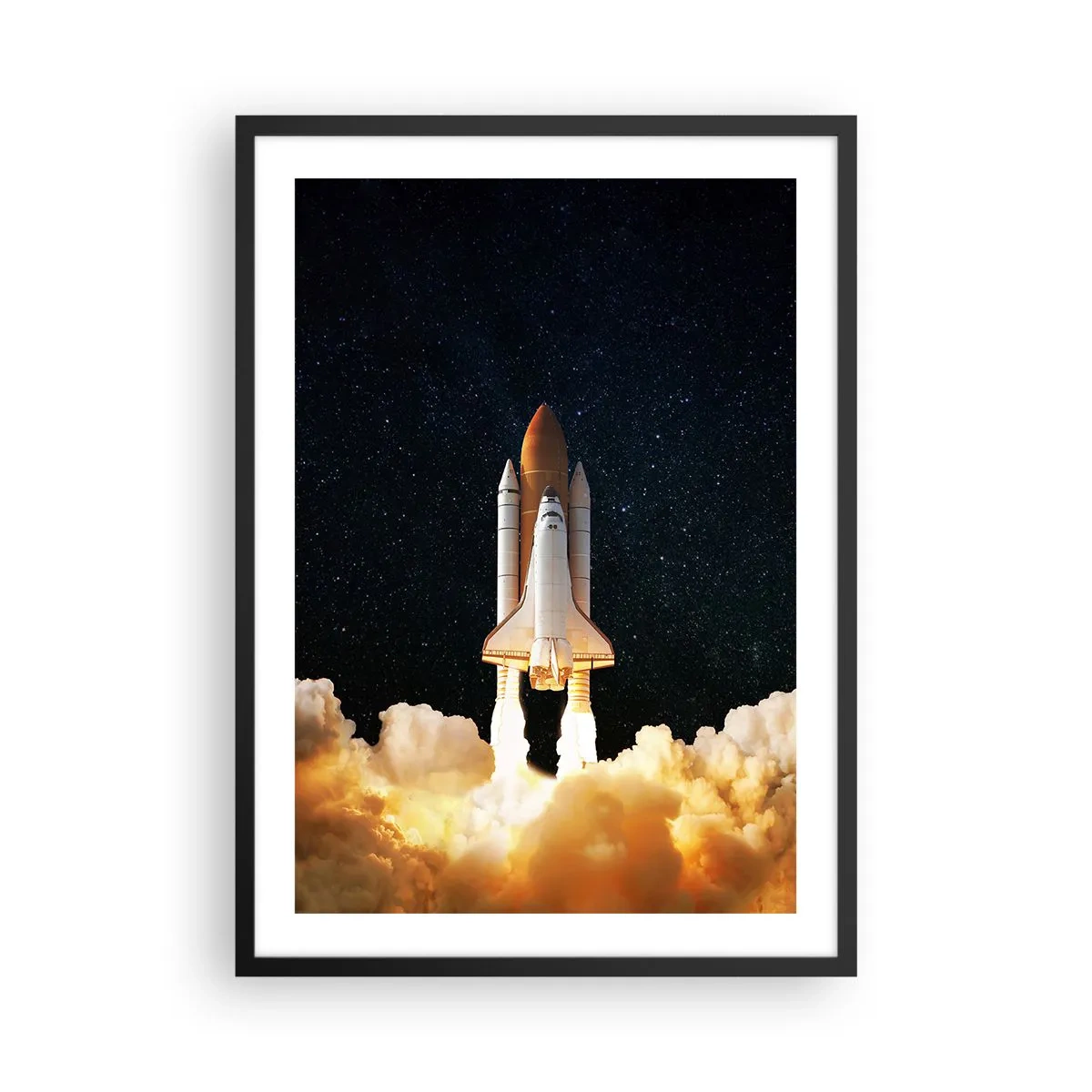 Pôster com moldura preta - Um ônibus espacial decolando contra um céu estrelado - 50x70cm - Ad astra! - Decoração de parede moderna para a sala de estar e quarto ARTTOR