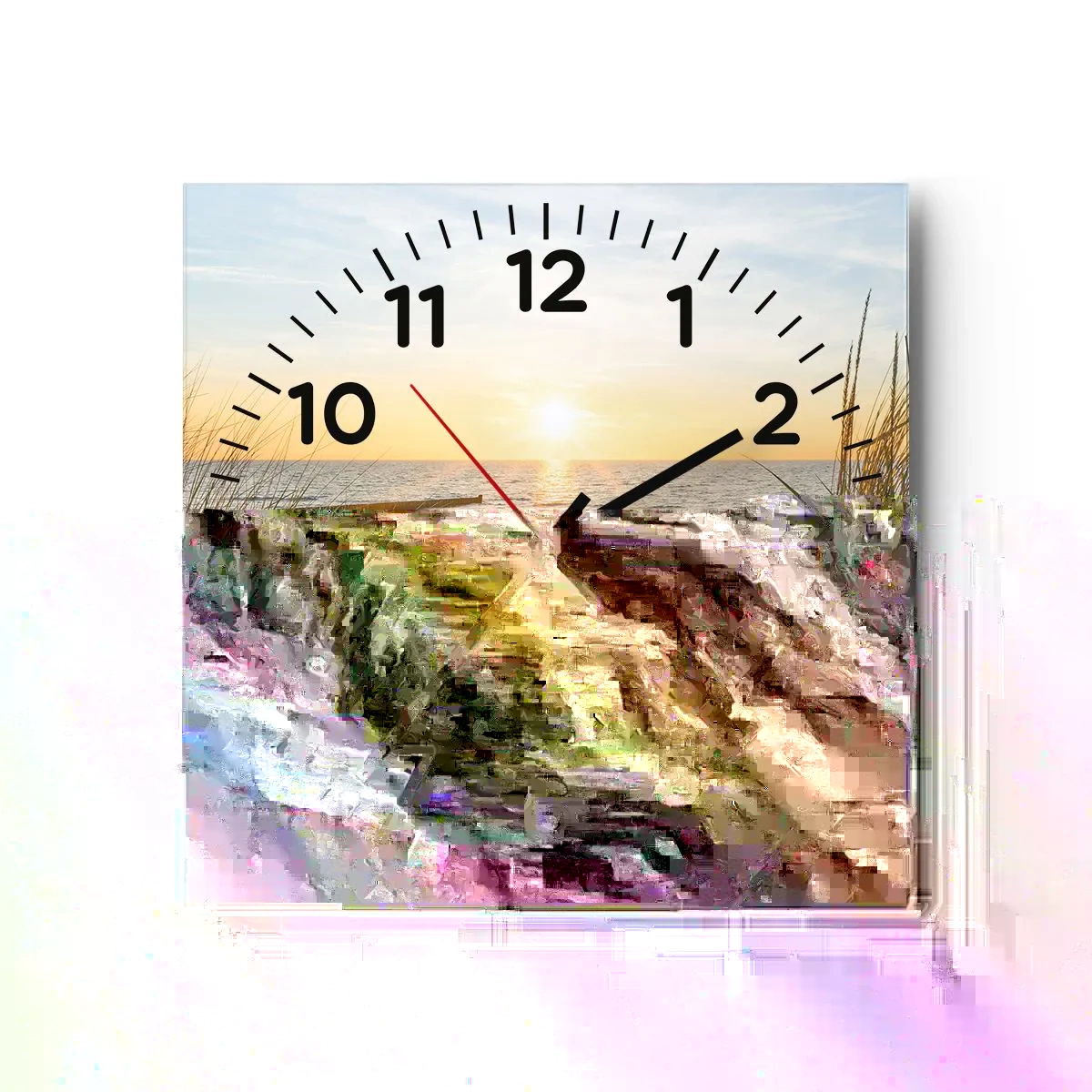 Relógio de parede - Relógio em vidro - O som do mar, o canto dos pássaros, a praia selvagem entre a relva... - 40x40 cm