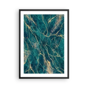 Pôster com moldura preta - Veios dourados abstratos sobre fundo de mármore verde - 50x70cm - Veia dourada - Decoração de parede moderna para a sala de estar e quarto ARTTOR