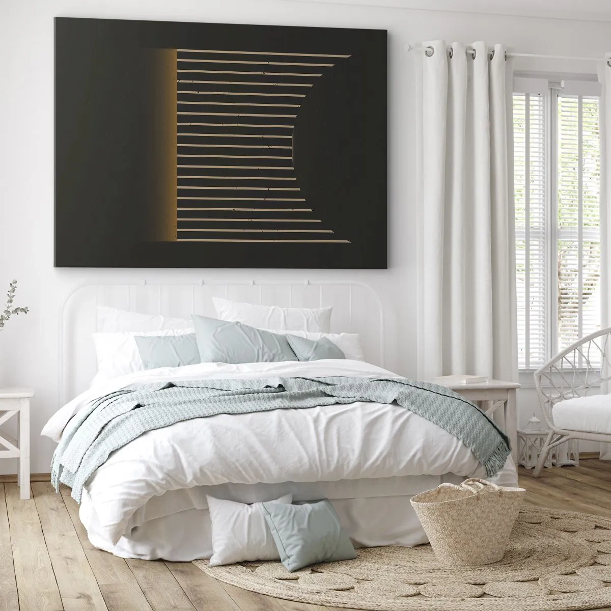 Quadro em tela - Padrão geométrico com listras em fundo escuro - 70x50cm - Explorar a escuridão - Decoração de parede moderna para a sala de estar e quarto ARTTOR