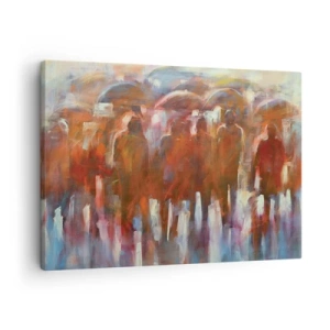 Quadro em tela - Uma multidão de pessoas com guarda-chuvas em um ambiente artístico e chuvoso - 70x50cm - Iguais na chuva e no nevoeiro - Decoração de parede moderna para a sala de estar e quarto ARTTOR