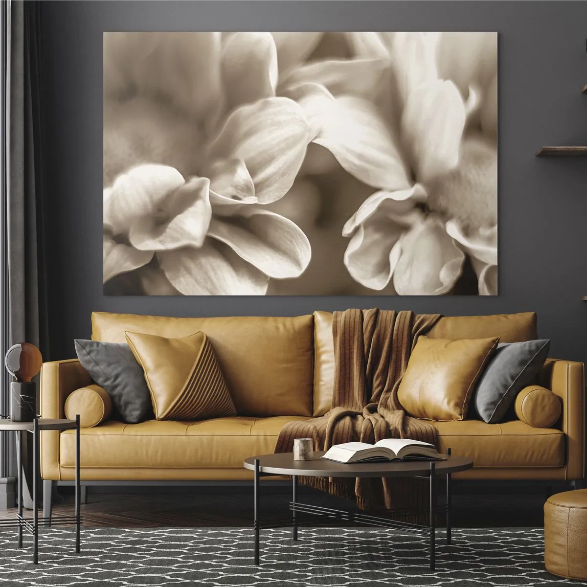 Quadro em vidro - Fotografia macro de pétalas de flores claras em sépia - 70x50cm - Gentil como um sorriso - Decoração de parede moderna para a sala de estar e quarto ARTTOR