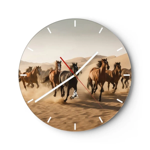 Relógio de parede - Relógio em vidro - Cavalos galopando com o cenário de dunas do deserto - 30x30cm - Livre como o vento - Decoração de parede moderna para a sala de estar, cozinha e quarto ARTTOR
