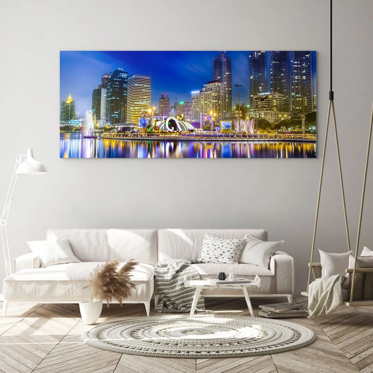 Quadro em vidro - Noite arco-íris da metrópole - 90x30 cm