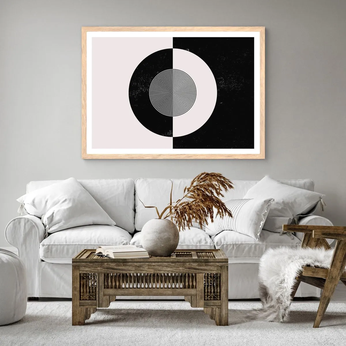 Pôster com moldura de carvalho claro - Harmonia a preto e branco - 40x30 cm