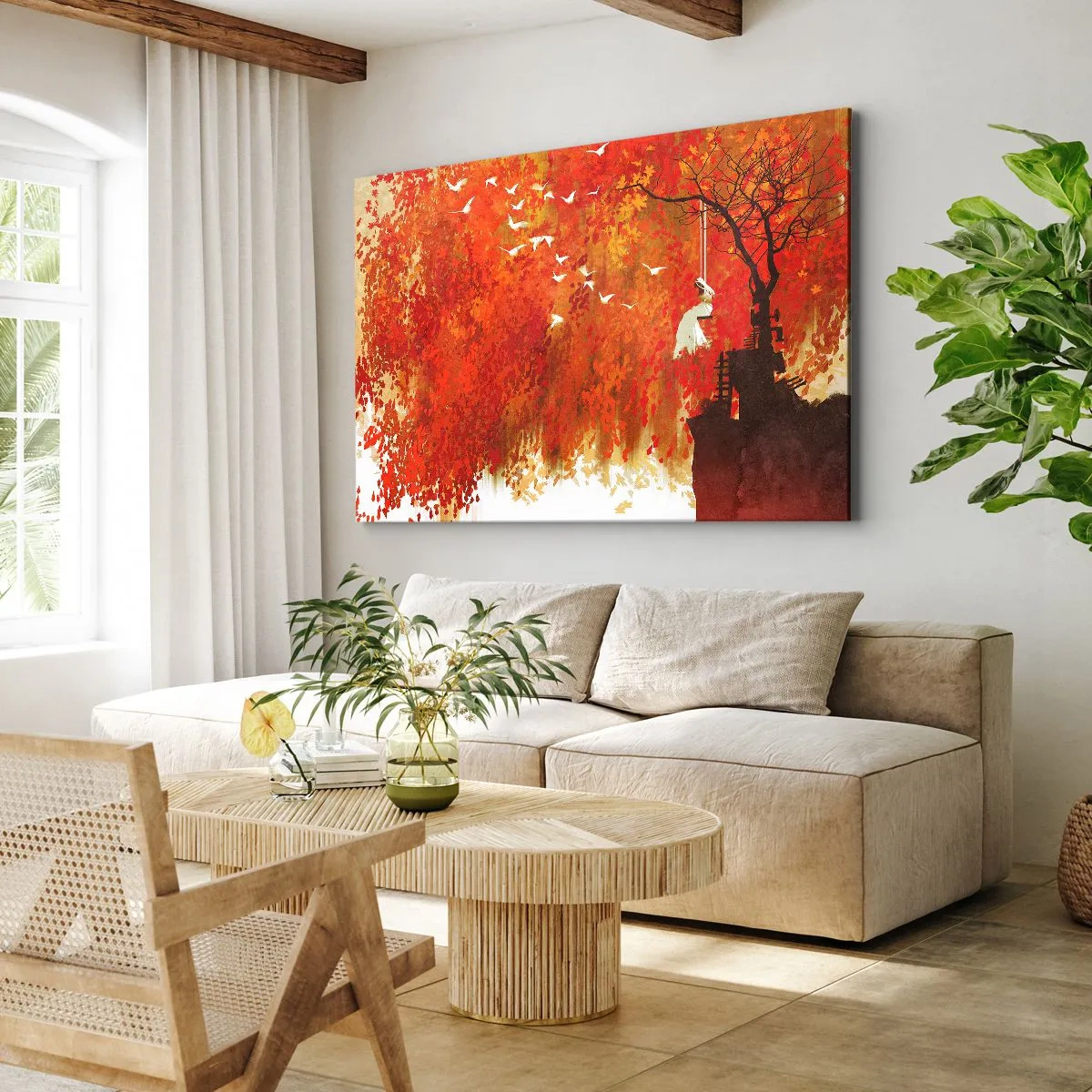 Quadro em tela - Uma figura em um balanço perto de uma árvore cercada por folhas vermelhas - 70x50cm - Será que vai voar com eles? - Decoração de parede moderna para a sala de estar e quarto ARTTOR