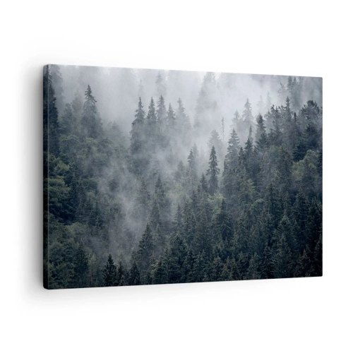Quadro em tela - Floresta de coníferas enevoada em tons de cinza e verde - 70x50cm - O amanhecer da floresta - Decoração de parede moderna para a sala de estar e quarto ARTTOR