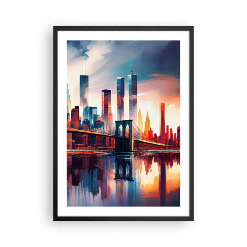 Pôster com moldura preta - Panorama da cidade com uma ponte e reflexo na água - 50x70cm - Nova York dos sonhos - Decoração de parede moderna para a sala de estar e quarto ARTTOR