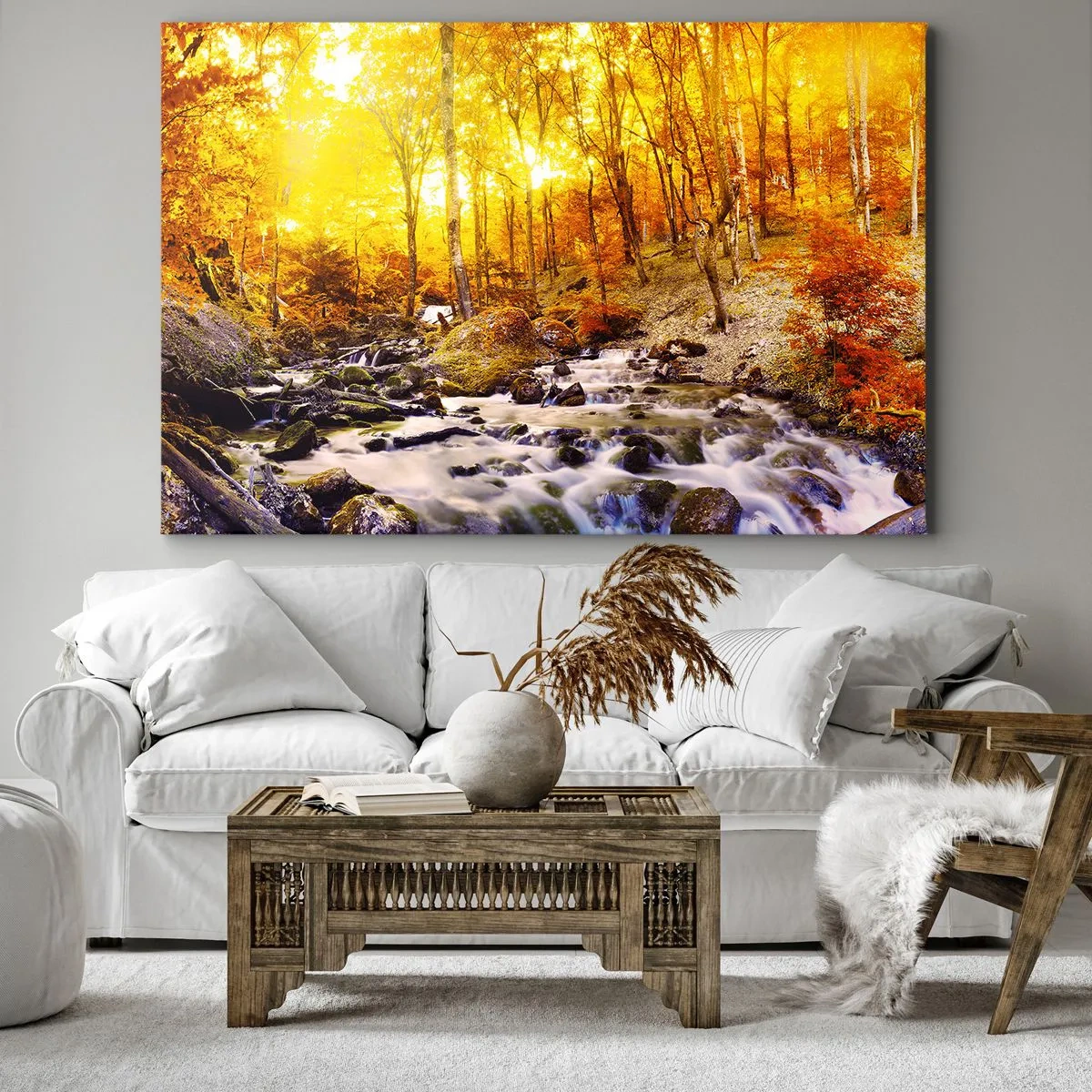 Quadro em tela - Floresta de outono com um riacho entre folhas douradas - 70x50cm - Pedras emolduradas em ouro e platina - Decoração de parede moderna para a sala de estar e quarto ARTTOR