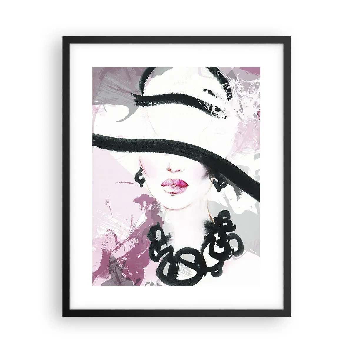Pôster com moldura preta - Retrato de uma dama a preto e rosa - 40x50 cm