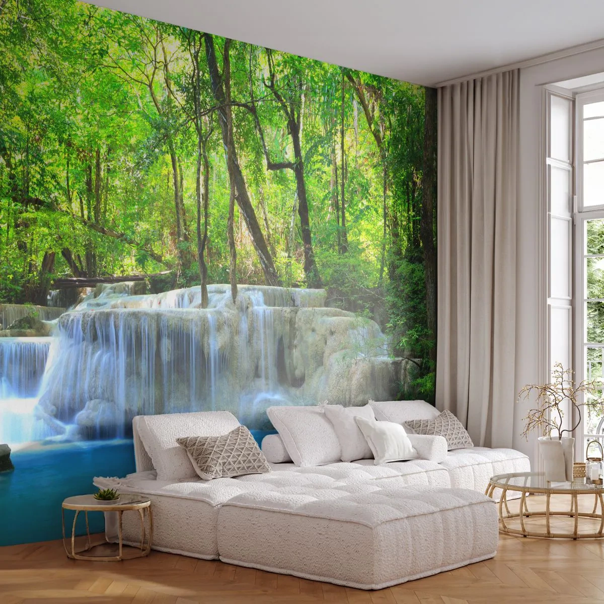 Papel de Parede Premium Canvas - Afogar-se na turquesa e vegetação - Paisagem, Cachoeira, Cascata - 450x315 cm