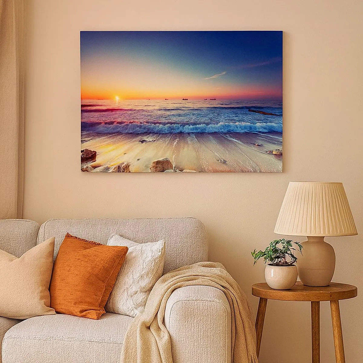 Quadro em tela - Pôr do sol sobre um mar calmo com ondas - 70x50cm - E além do horizonte? - Decoração de parede moderna para a sala de estar e quarto ARTTOR