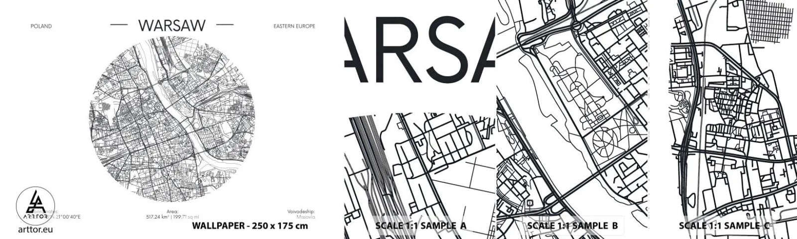 Amostra de Papel de Parede Standard Eco - Anatomia de Varsóvia - Mapa, Varsóvia, Polônia - 100x30 cm