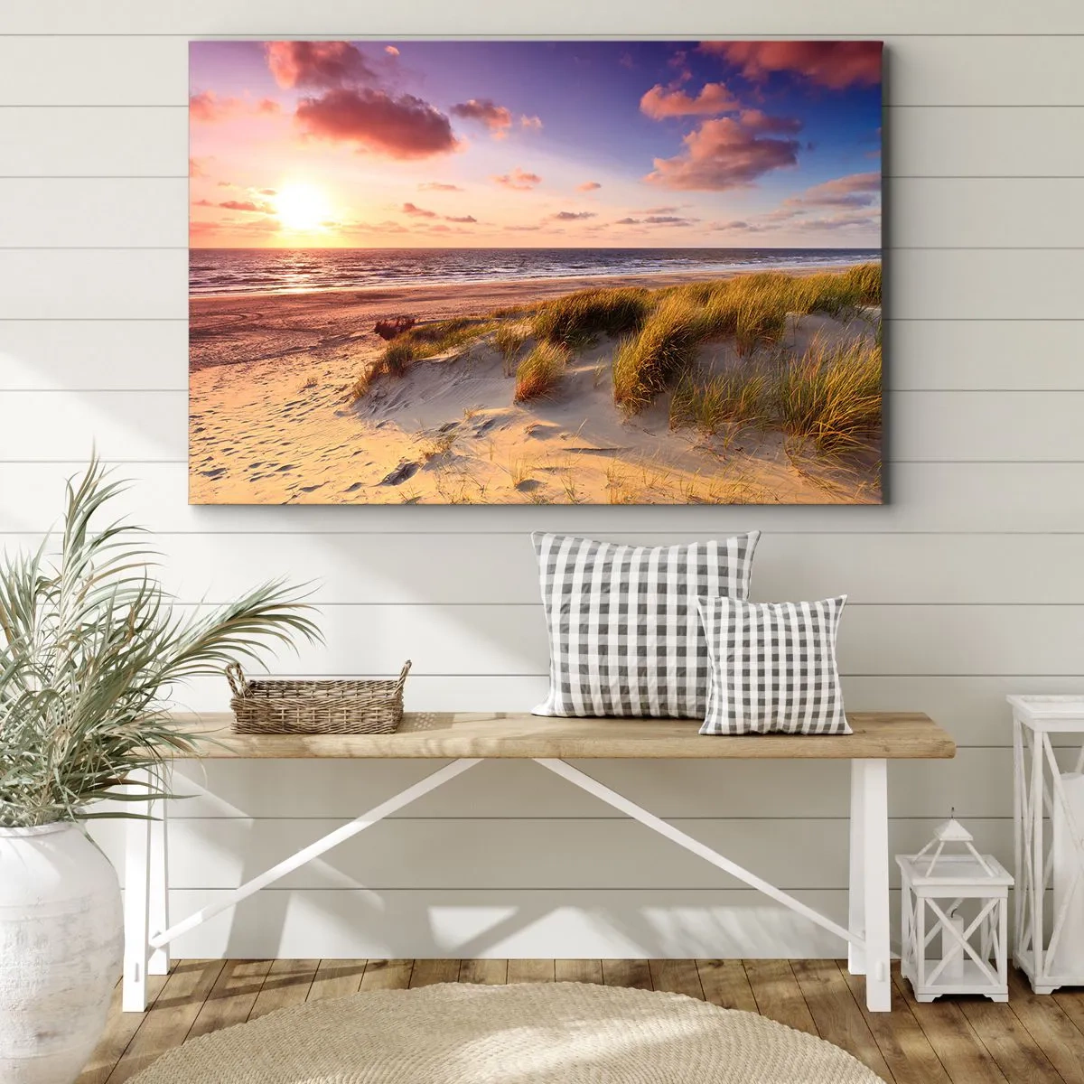 Quadro em tela - Uma praia gramada e um pôr do sol sobre um mar calmo - 70x50cm - Ar com cheiro de verão - Decoração de parede moderna para a sala de estar e quarto ARTTOR