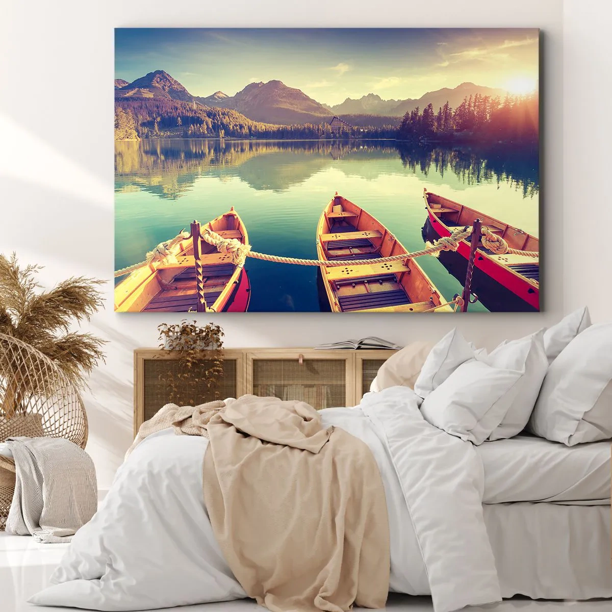 Quadro em tela - Barcos em um lago calmo cercado por montanhas ao pôr do sol - 70x50cm - Viver de acordo com as suas leis - Decoração de parede moderna para a sala de estar e quarto ARTTOR