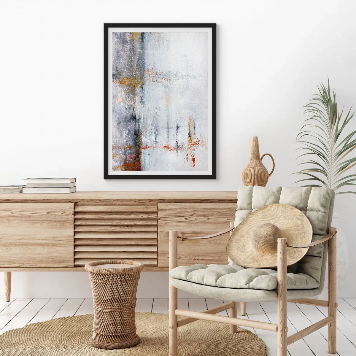 Pôster com moldura preta - Uma composição abstrata com tons de cinza, branco e dourado. - 50x70cm - Atrás da cortina de ar - Decoração de parede moderna para a sala de estar e quarto ARTTOR