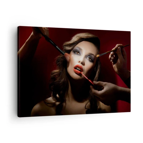 Quadro em tela - Retrato elegante de uma mulher aplicando maquiagem em um fundo escuro - 70x50cm - Bela sonhadora - Decoração de parede moderna para a sala de estar e quarto ARTTOR