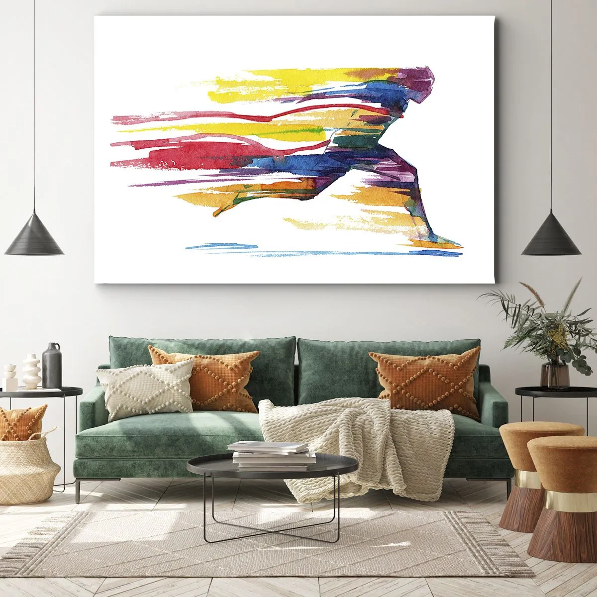 Quadro em tela - Um corredor em cores abstratas simbolizando dinamismo e energia - 70x50cm - Correndo pelo arco-íris - Decoração de parede moderna para a sala de estar e quarto ARTTOR
