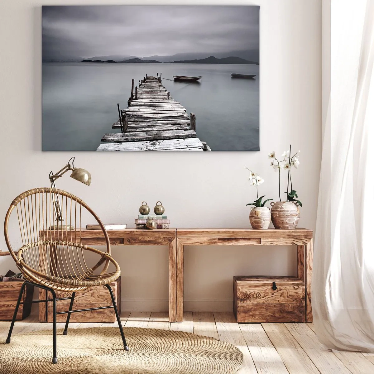 Quadro em tela - Uma ponte de madeira que conduz à superfície calma do lago - 70x50cm - Amanhã pode ir - Decoração de parede moderna para a sala de estar e quarto ARTTOR