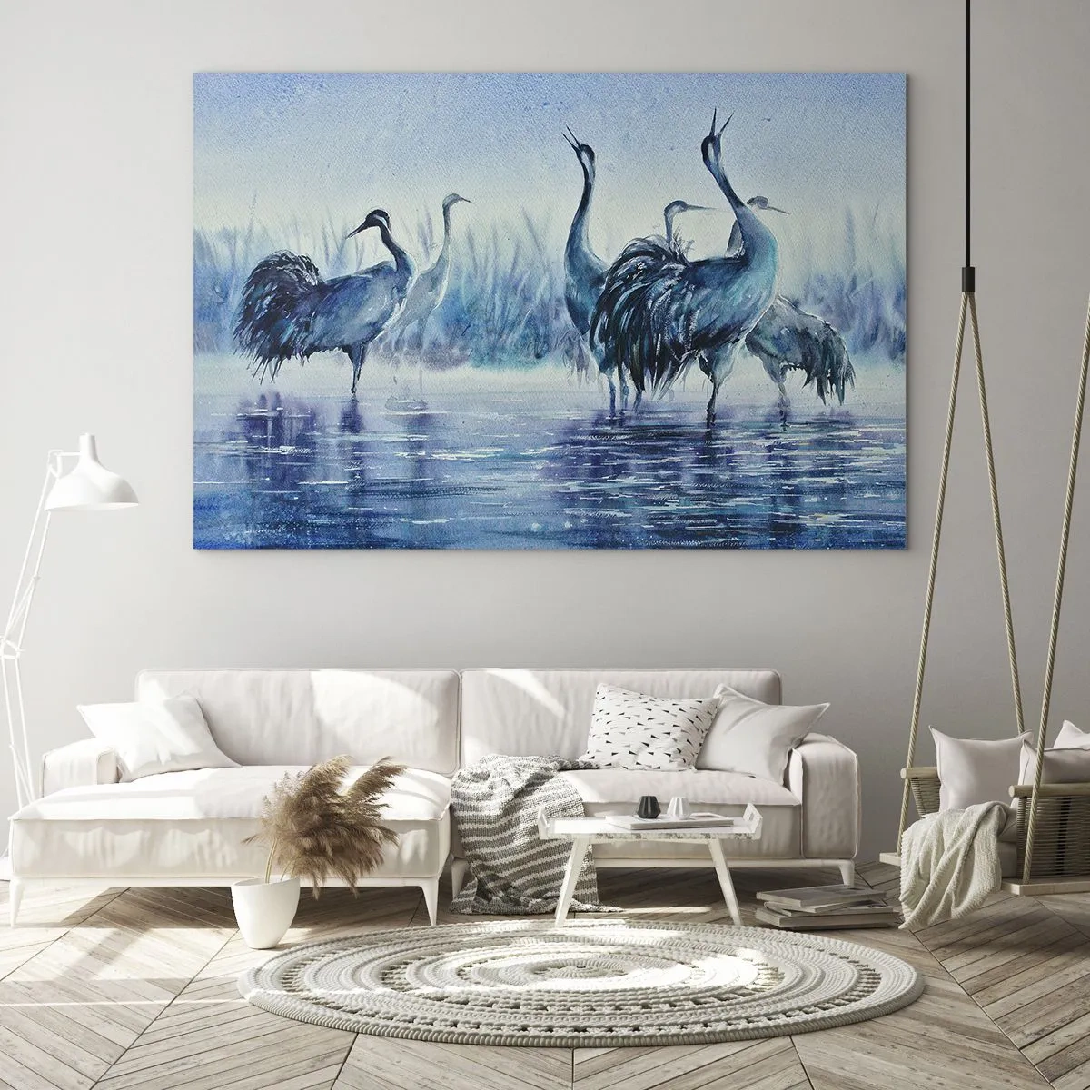 Quadro em vidro - Pássaros nadando em águas azuis - 70x50cm - Reunião matinal - Decoração de parede moderna para a sala de estar e quarto ARTTOR