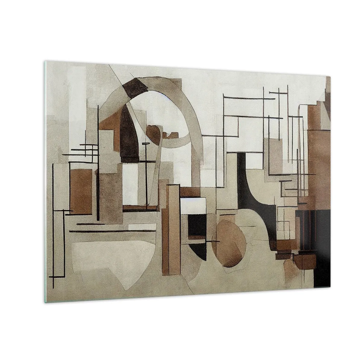 Quadro em vidro - Paisagem geométrica em tons de marrom e bege - 70x50cm - Paisagem urbana 2.0 - Decoração de parede moderna para a sala de estar e quarto ARTTOR