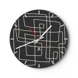 Relógio de parede - Relógio em vidro - Linhas geométricas brancas formando uma grade complexa em um fundo preto. - 30x30cm - Não é tão simples - Decoração de parede moderna para a sala de estar, cozinha e quarto ARTTOR