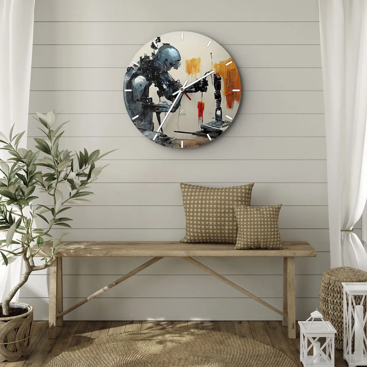 Relógio de parede - Relógio em vidro - Robô humanoide montando um membro artificial - 30x30cm - Já amanhã… - Decoração de parede moderna para a sala de estar, cozinha e quarto ARTTOR