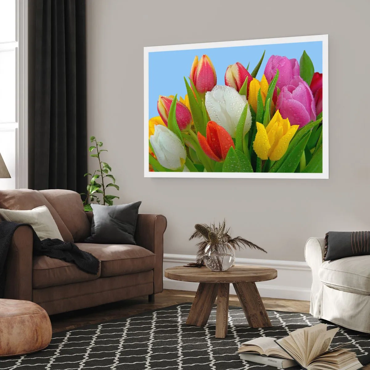 Pôster - Arco-íris floral em gotas de orvalho - 70x50 cm