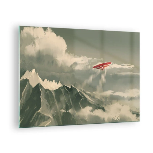 Quadro em vidro - Um avião vermelho voando sobre montanhas cobertas de neve - 70x50cm - O pioneiro destemido - Decoração de parede moderna para a sala de estar e quarto ARTTOR