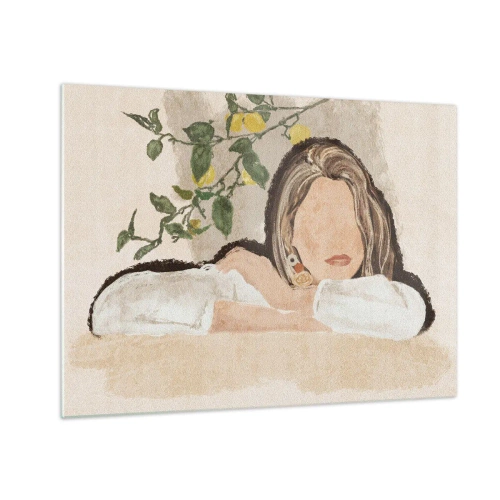 Quadro em vidro - Uma mulher encostada em uma mesa entre os galhos de um limoeiro, com o rosto inexpressivo. - 70x50cm - Beleza do sul - Decoração de parede moderna para a sala de estar e quarto ARTTOR