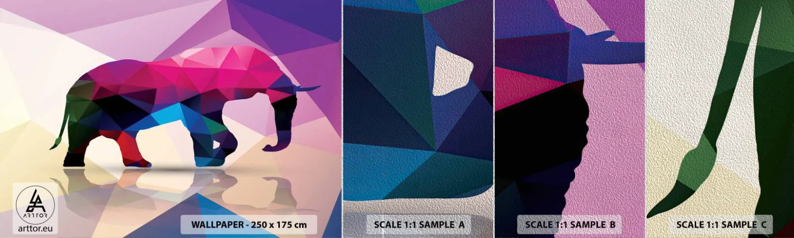 Amostra de papel de parede Premium Sand - Dinossauro de cristal - Animais, Elefante, Figura Geométrica - 100x30 cm