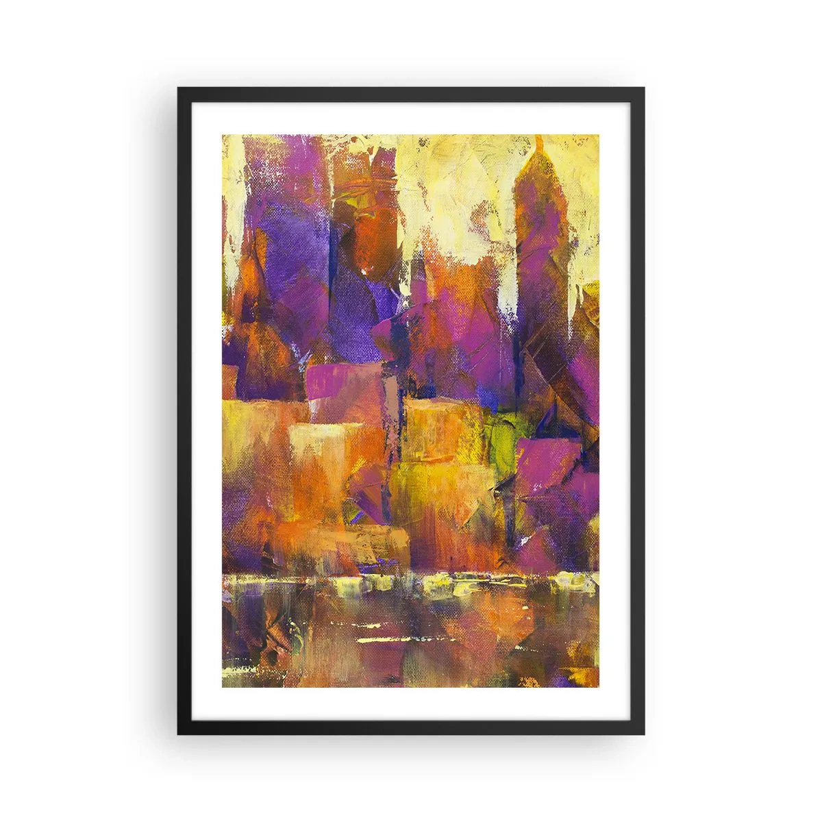 Pôster com moldura preta - Uma composição abstrata em tons quentes de laranja e roxo. - 50x70cm - Composição metropolitana - Decoração de parede moderna para a sala de estar e quarto ARTTOR