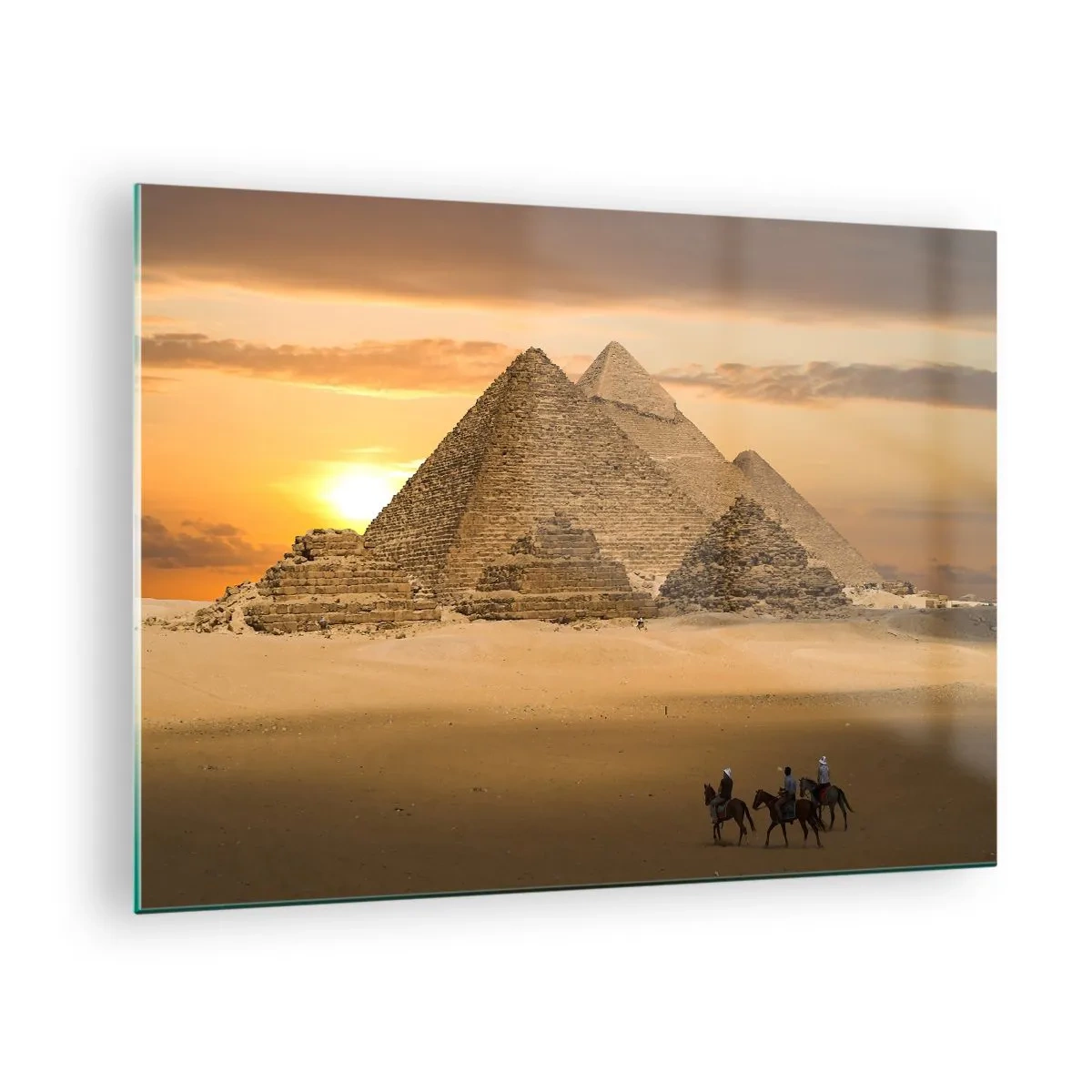 Quadro em vidro - As Pirâmides de Gizé ao pôr do sol com cavaleiros a cavalo - 70x50cm - Sem mudança durante milhares de anos - Decoração de parede moderna para a sala de estar e quarto ARTTOR