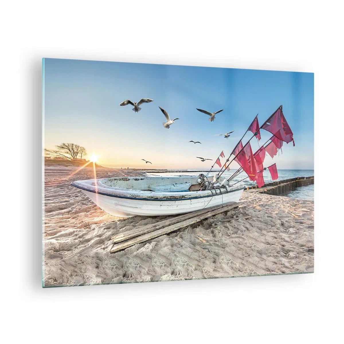 Quadro em vidro - Barco de pesca na praia ao nascer do sol - 70x50cm - Um merecido descanso - Decoração de parede moderna para a sala de estar e quarto ARTTOR