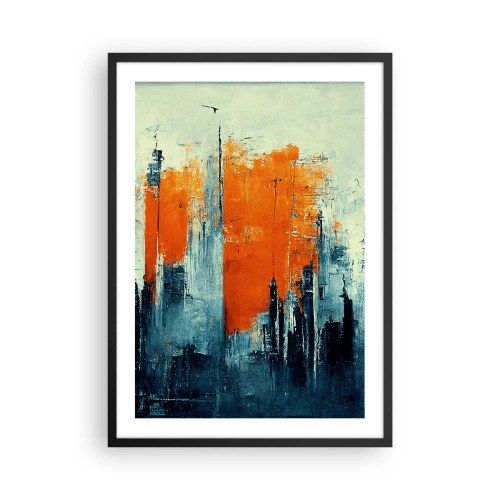 Pôster com moldura preta - Panorama abstrato da cidade em tons de laranja e azul marinho - 50x70cm - Paisagem moderna - Decoração de parede moderna para a sala de estar e quarto ARTTOR