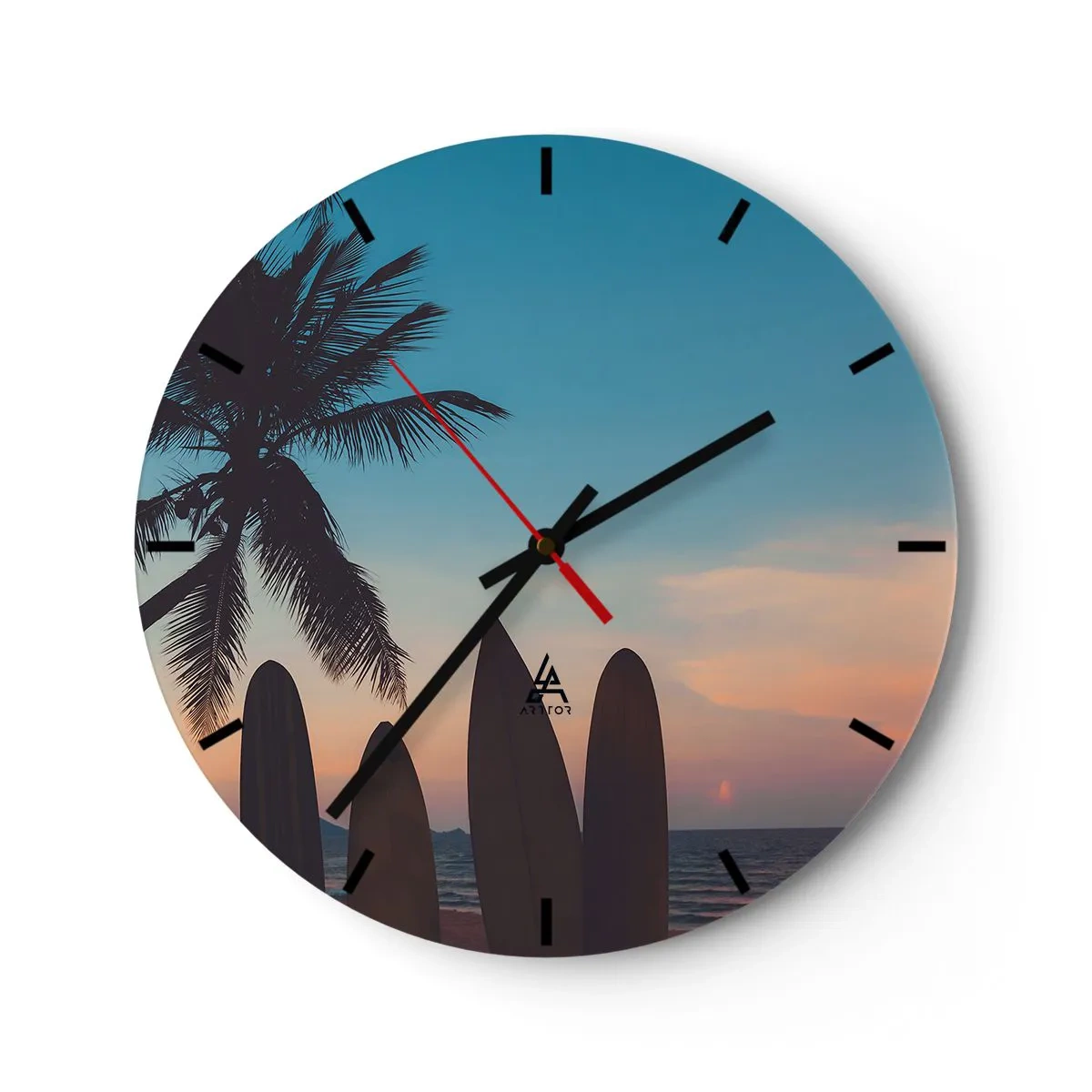 Relógio de parede - Relógio em vidro - Praia com palmeira e pranchas de surfe ao fundo - 30x30cm - Amanhã também será divertido - Decoração de parede moderna para a sala de estar, cozinha e quarto ARTTOR