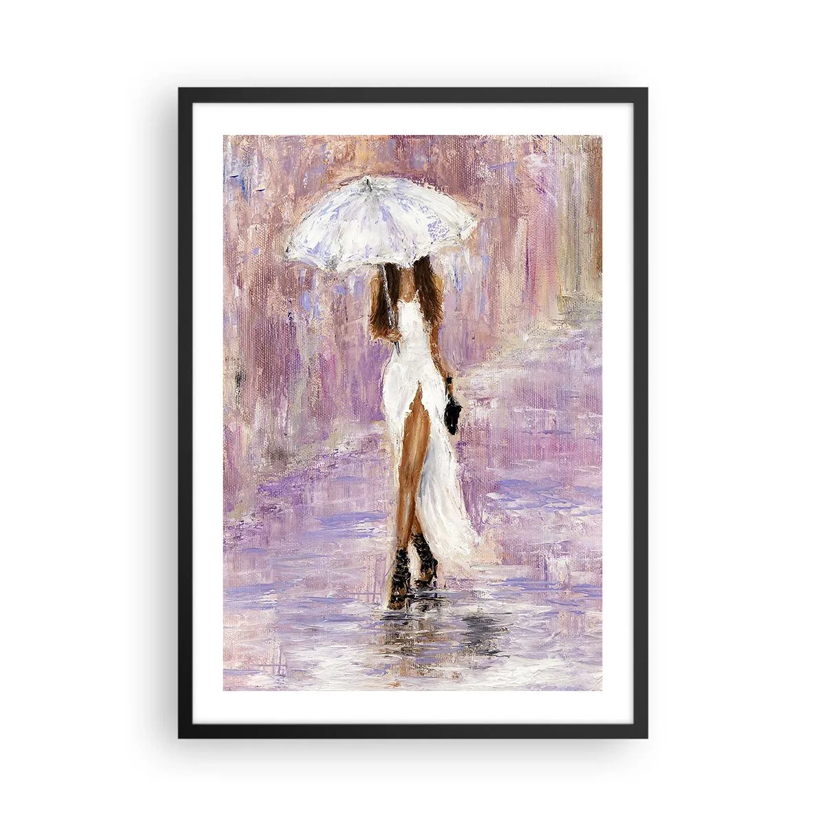 Pôster com moldura preta - Mulher com guarda-chuva na chuva - 50x70cm - Na chuva lilás - Decoração de parede moderna para a sala de estar e quarto ARTTOR