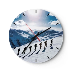 Relógio de parede - Relógio em vidro - Um grupo de alpinistas em montanhas nevadas sob um céu claro - 30x30cm - A equipa vencedora - Decoração de parede moderna para a sala de estar, cozinha e quarto ARTTOR