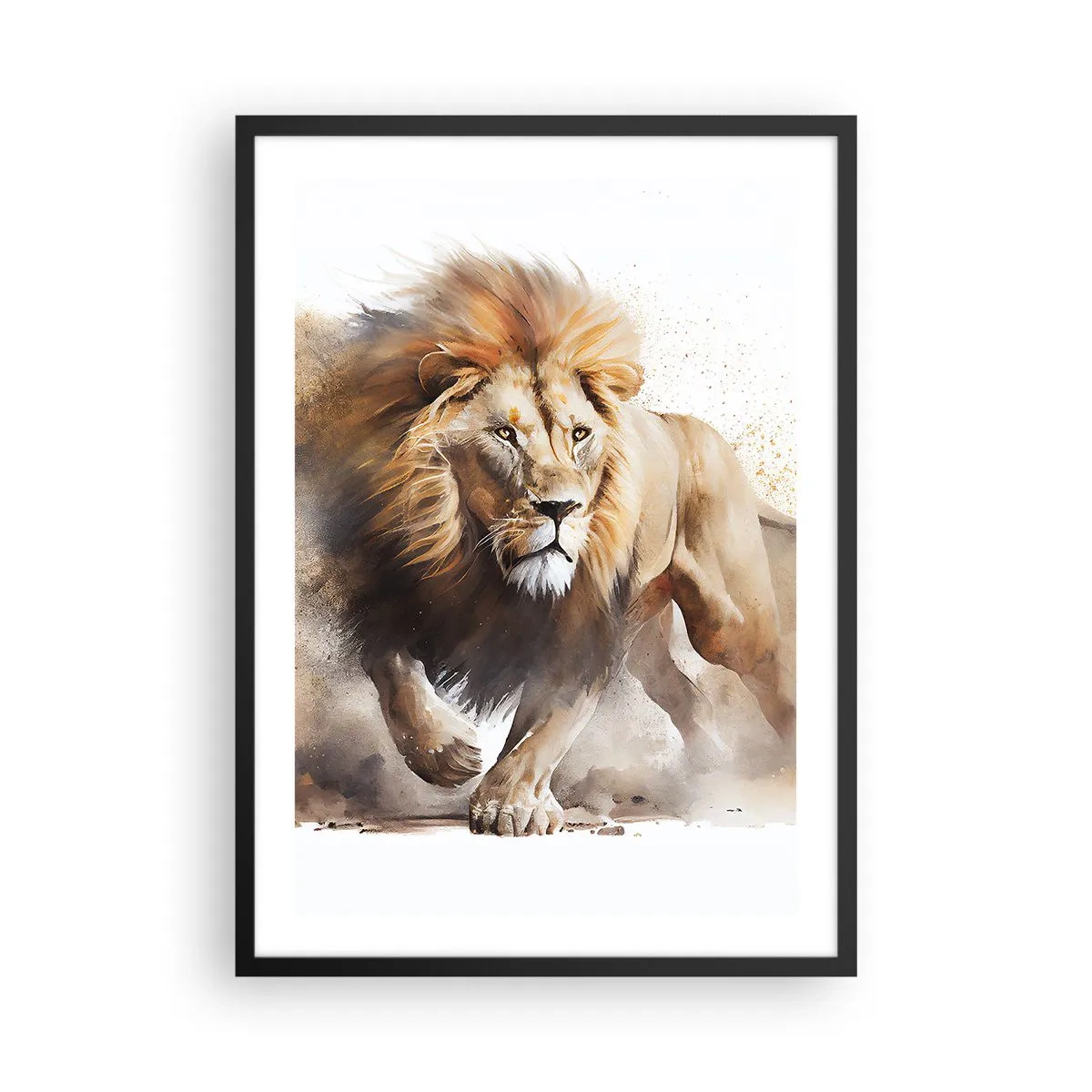 Pôster com moldura preta - Um leão imponente em movimento em estilo pictórico - 50x70cm - O rei se foi - Decoração de parede moderna para a sala de estar e quarto ARTTOR