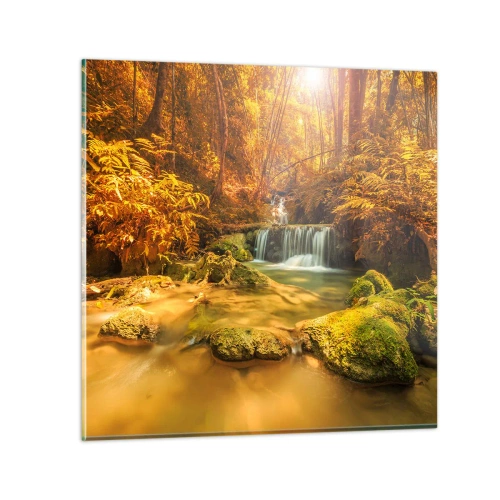 Quadro em vidro - Cascata na floresta em ouro - 50x50 cm