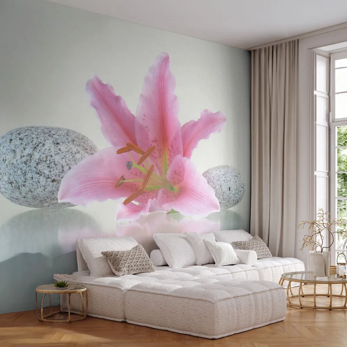 Papel de Parede Autocolante Deluxe Sticker - Estudo em rosa, cinza e branco - Flores, Lírio, Pedras - 450x315 cm