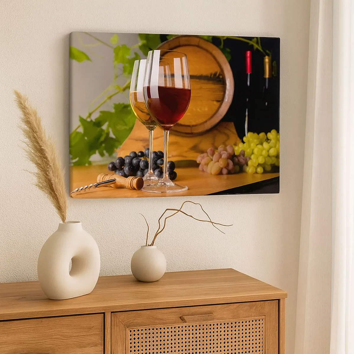Quadro em tela - Taças de vinho com uvas, um barril e garrafas sobre uma mesa de madeira - 70x50cm - Como com os antigos mestres - Decoração de parede moderna para a sala de estar e quarto ARTTOR