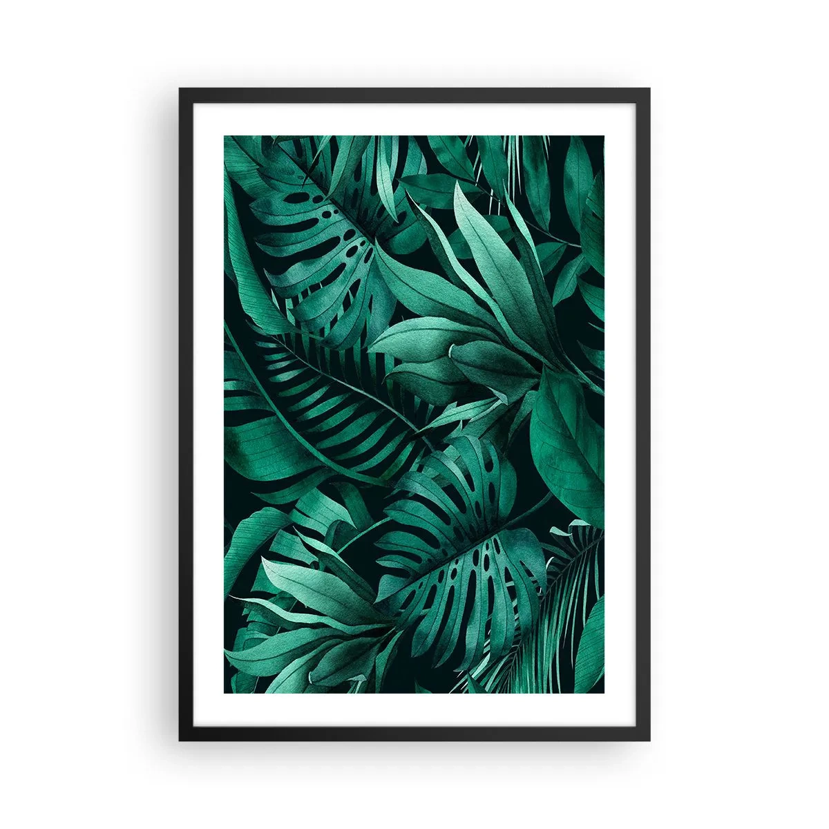Pôster com moldura preta - Folhas tropicais em tons de verde - 50x70cm - A profundidade da vegetação tropical - Decoração de parede moderna para a sala de estar e quarto ARTTOR