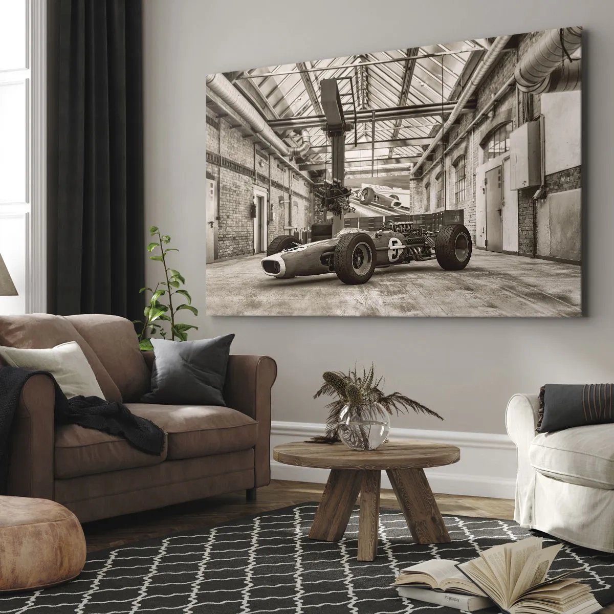 Quadro em tela - Carro de corrida preto e branco em um interior industrial - 70x50cm - O descanso do vencedor - Decoração de parede moderna para a sala de estar e quarto ARTTOR