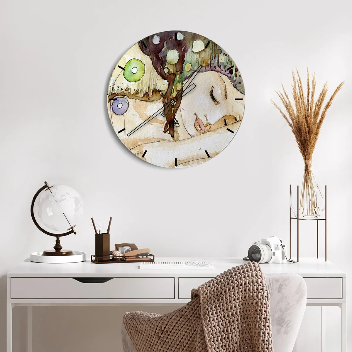 Relógio de parede - Relógio em vidro - Pintura abstrata em aquarela com motivo de rosto feminino - 30x30cm - Um sonho Violeta Esmeralda - Decoração de parede moderna para a sala de estar, cozinha e quarto ARTTOR