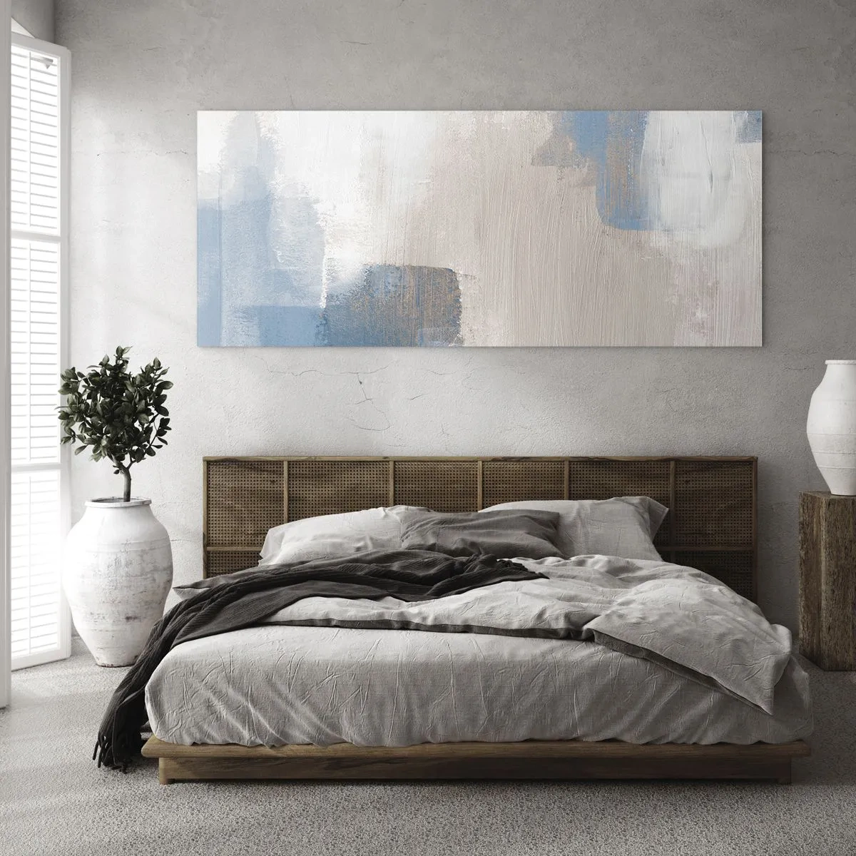 Quadro em vidro - Abstração rosa atrás da cortina azul - 120x50 cm