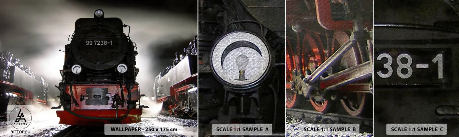 Amostra de papel de parede Premium Canvas - Fica de pé e ofega, arfa e assopra - Locomotiva a vapor, Estação Ferroviária, Automotivo - 100x30 cm