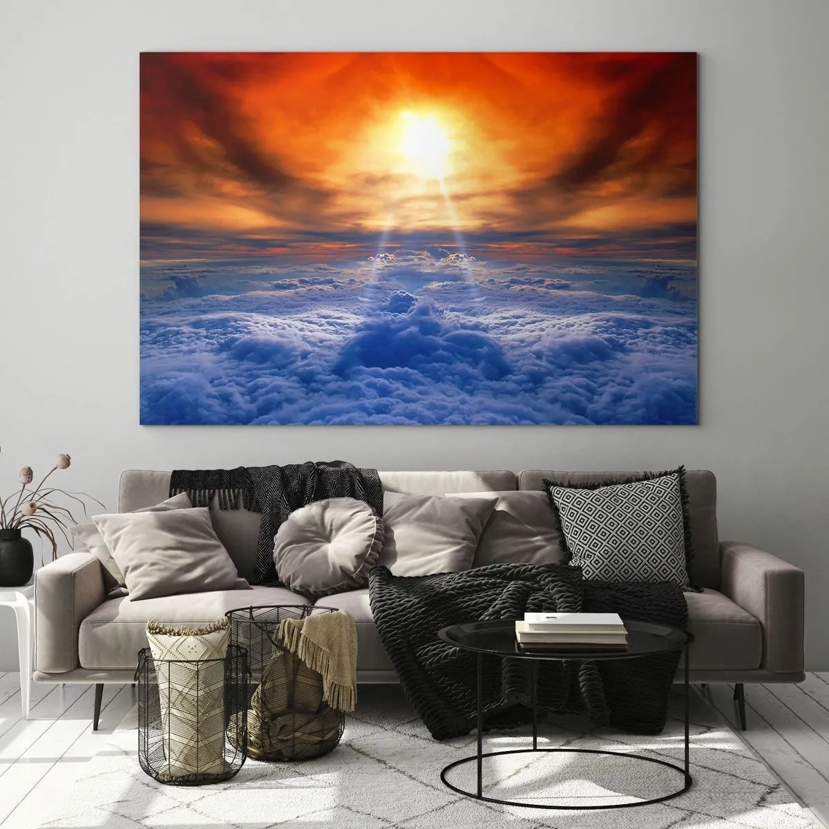 Quadro em vidro - Nuvens iluminadas pelos raios do sol poente - 70x50cm - Paisagem mística - Decoração de parede moderna para a sala de estar e quarto ARTTOR