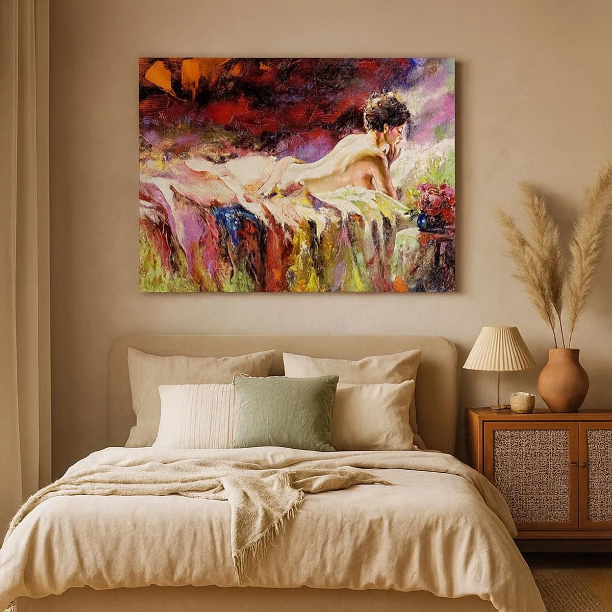 Quadro em tela - Uma mulher deitada em uma cama contra um fundo de cores abstratas. - 70x50cm - Vênus pensativa - Decoração de parede moderna para a sala de estar e quarto ARTTOR