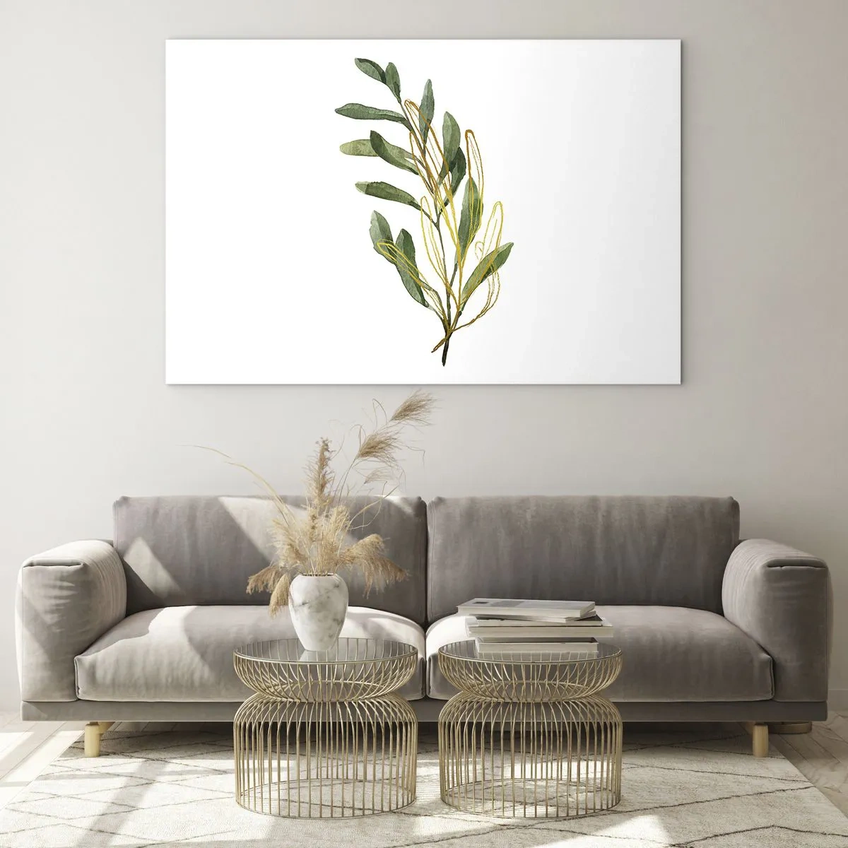 Quadro em vidro - Um ramo verde com um delicado toque dourado - 70x50cm - Tudo que é bom - Decoração de parede moderna para a sala de estar e quarto ARTTOR